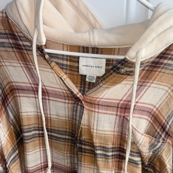 American Eagle Tan Rust Navy Plaid Hooded Button-Up - Picture 2 of 2